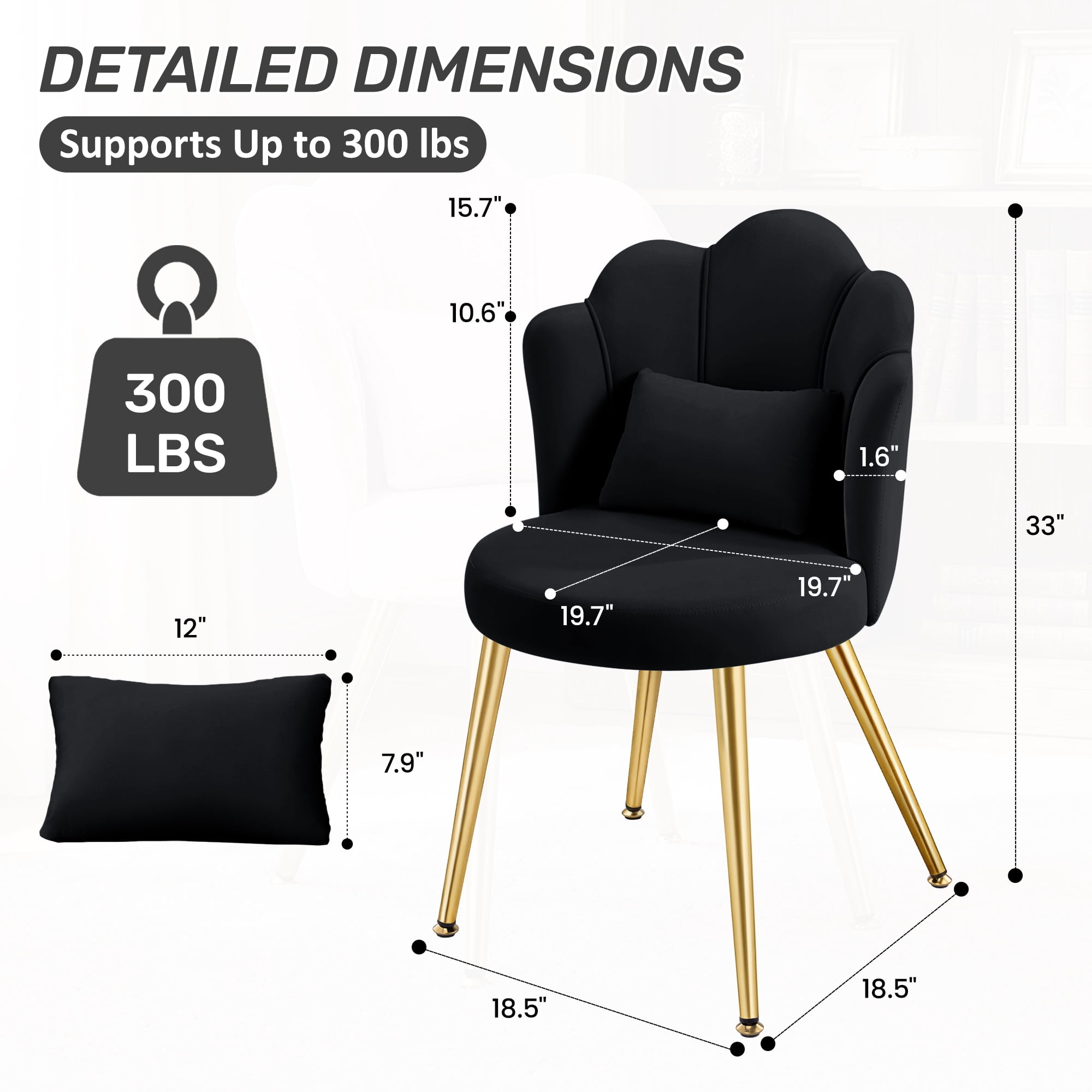 COOLHUT Petal Velvet Vanity Chair, Flower Cute Girls Mack Up Vanity Stool Chair with Lumber Pillow and Adustable Gold Legs, Upholstered Small Desk Chair for Living Room Bedroom Home Office, Black