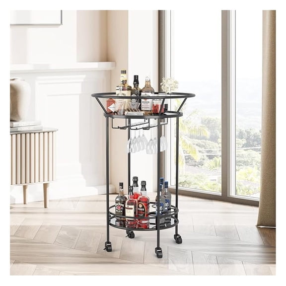Round Black Rolling Bar Cart Wine Rack and Lockable Casters,2 Mirrored Shelves Serving Cart for Kitchen, Club, Living Room