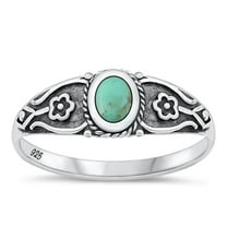 CHOOSE YOUR COLOR Simulated Turquoise Bali Flower Ring .925 Sterling Silver Band Blue CZ Female Size 9