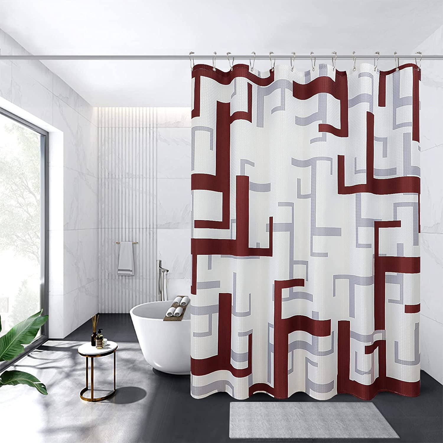 Red Shower Curtain for Bathroom Set with Hooks Polyester Bath Curtain