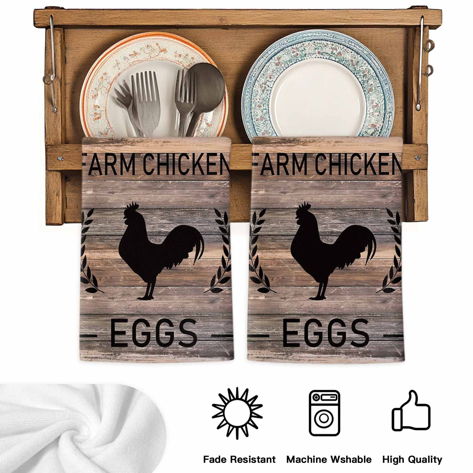 Dish Towels, Chicken Eggs Absorbent Kitchen Towels 2 PCS, Farmhouse Animal Brown Wood Grain Microfiber Hand Towels Dish Cloths Tea Towels for Home&nbsp;Bathroom Cleaning Drying,18X28-Inch,