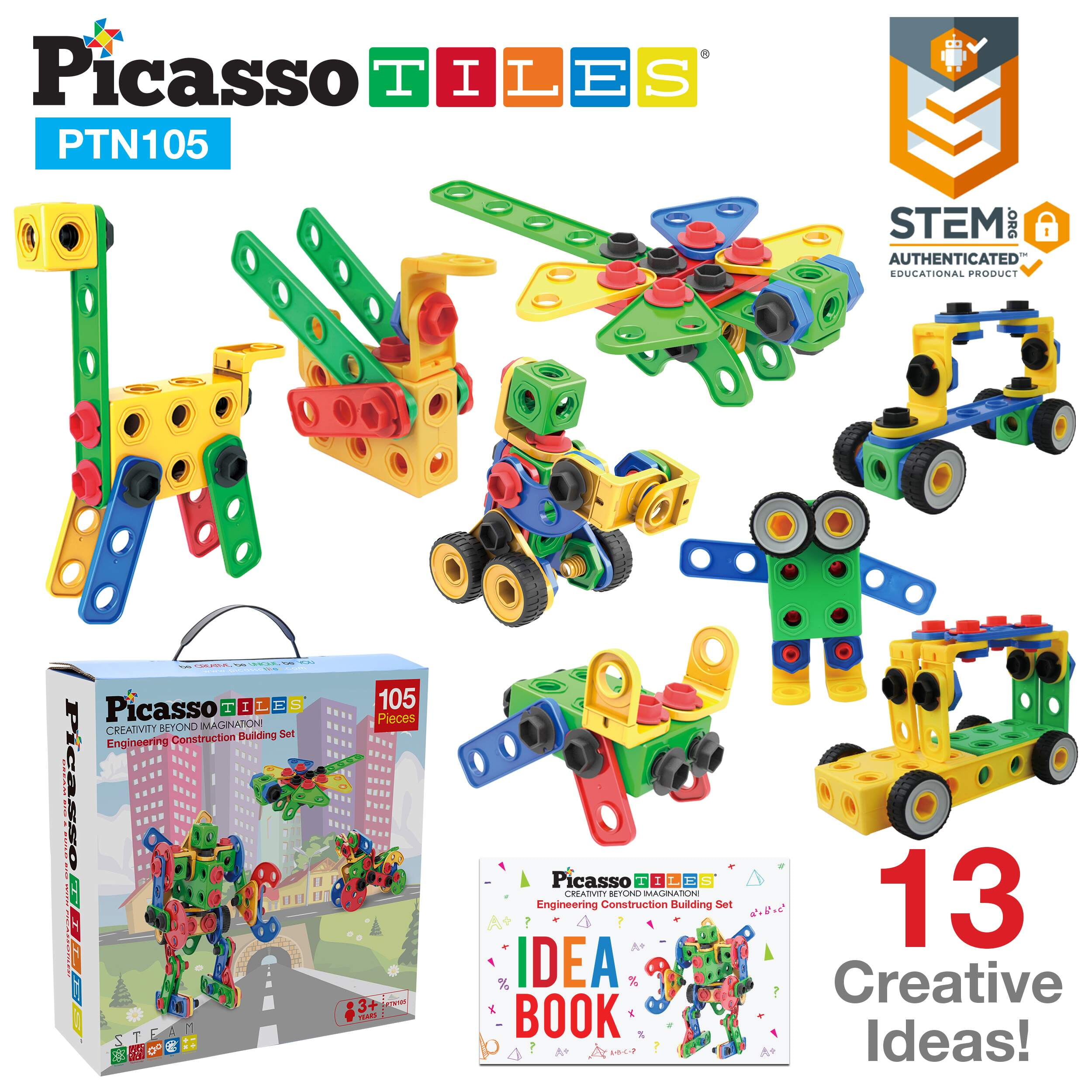 PicassoTiles STEM Toys 105 Piece Building Set Kids Construction 