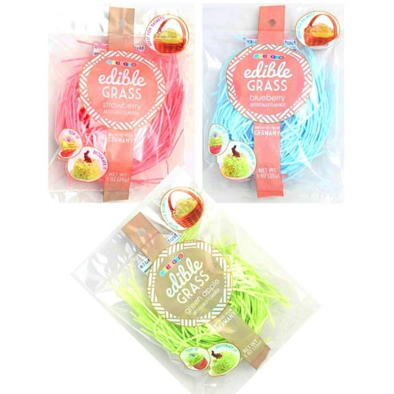 Edible Easter Grass Green Apple, Pink Strawberry, Blueberry Flavors (3 pack), Bundle of 1 bag of each flavor By Galerie