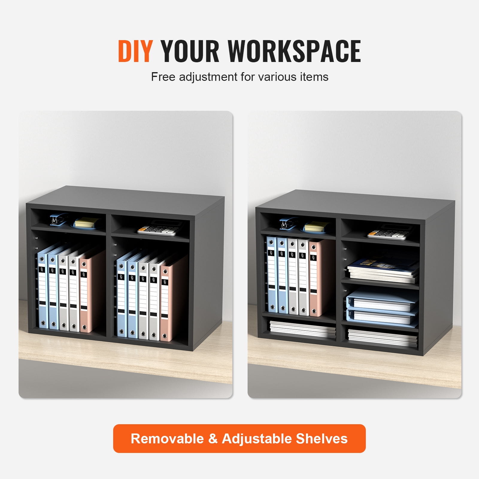 VEVOR Wood Literature Organizer Adjustable File Sorter 12 Compartments Countertop Literature Organizer Paper Storage Holder Gray