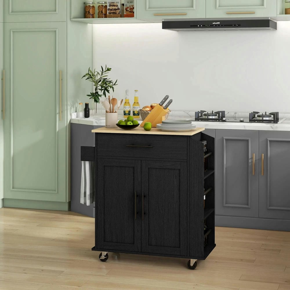 Resenkos Kitchen Cart, Kitchen Island Cart,Kitchen Island on Rollers with Power Outlets, Drawer, and Doors, Black