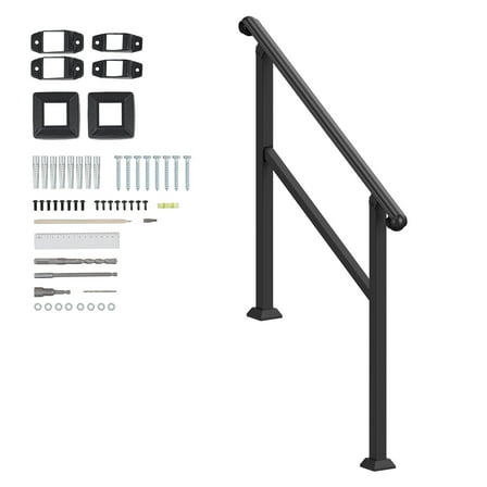 KFFKFF Outdoor & Indoor Handrails for 2-3 Steps, Complete Stair & Porch Railing Kit with Installation Accessories, Senior-Friendly Hand Rails, Black