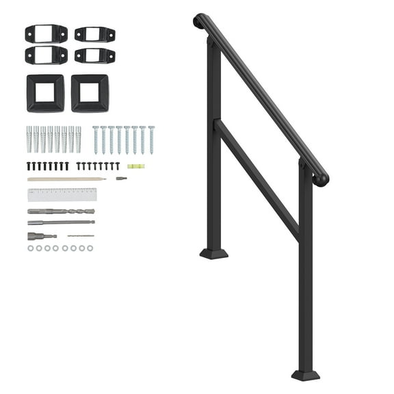 KFFKFF Outdoor & Indoor Handrails for 2-3 Steps, Complete Stair & Porch Railing Kit with Installation Accessories, Senior-Friendly Hand Rails, Black