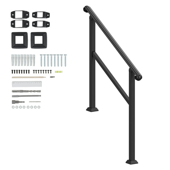 KFFKFF Outdoor & Indoor Handrails for 2-3 Steps, Complete Stair & Porch Railing Kit with Installation Accessories, Senior-Friendly Hand Rails, Black