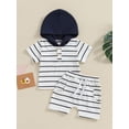 thumbnail image 2 of Infant Baby Boys Summer Stripe Print Short Sleeve Hood T-Shirt with Elastic Waist Shorts Outfit, 2 of 8
