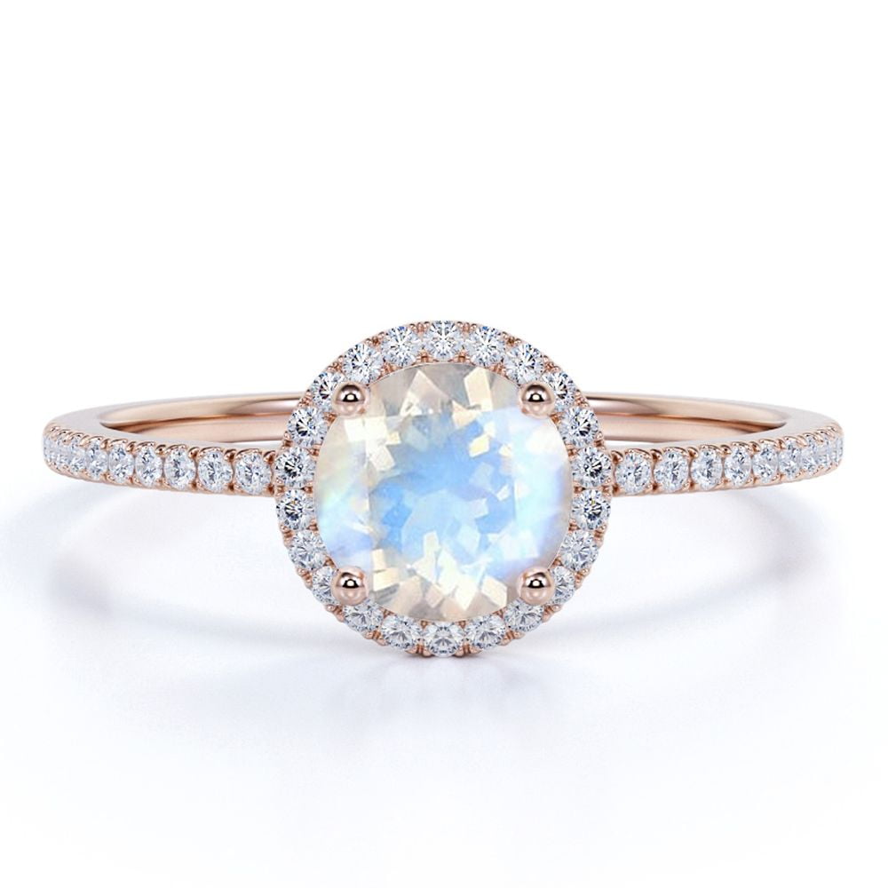 JeenMata 1.75 Carat Round Cut Rainbow Moonstone and Moissanite Halo Antique Wedding Ring in 18k Rose Gold over Silver