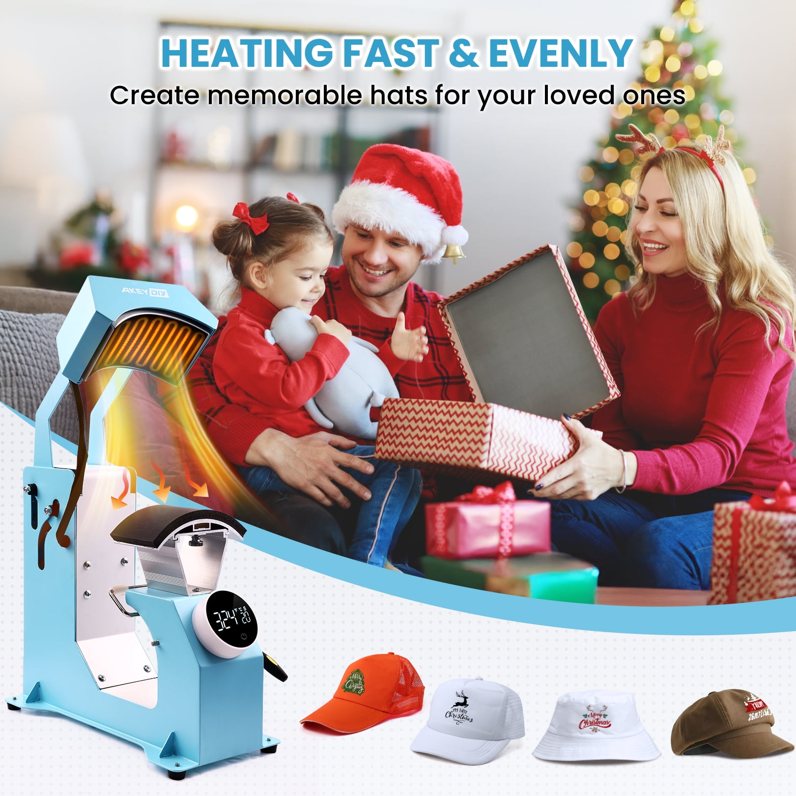 Adnoom 3-in-1 Hat Heat Press, Auto Cap Heat Press Machine with 3 Platens, Blue