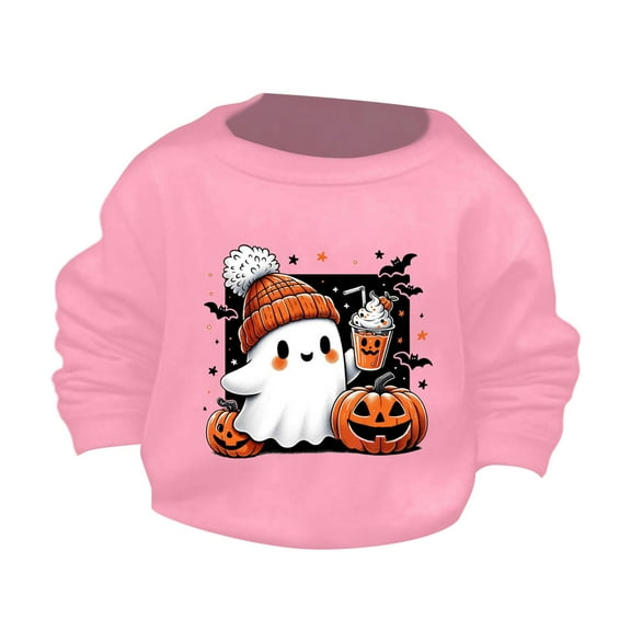 Generic Children Halloween Cute Little Bats and Pumpkin Printed Round Neck Sweater Autumn Hoodie Autumn Winter Clothes for Holiday Christmas Party（11-12 Years Pink）