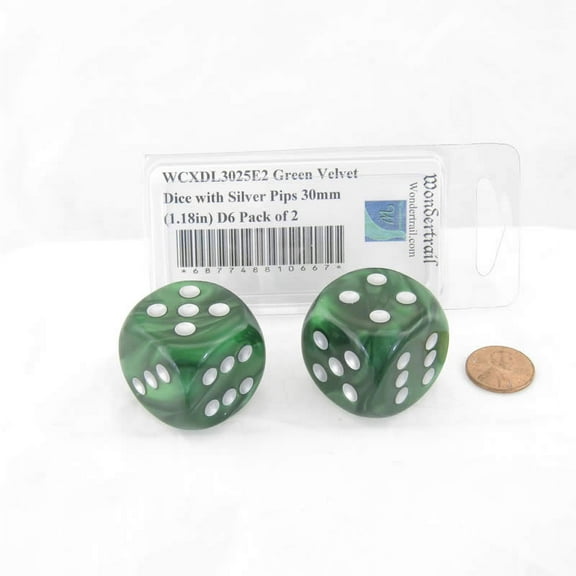 Green Velvet Dice with Silver Pips 30mm (1.18in) D6 Pack of 2 Wondertrail