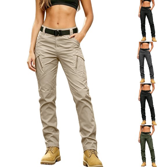 Dwellite Cargo Pants for Women Stretchy Training Hiking Pants Walking Travel Trousers with Pockets Khaki 3XL