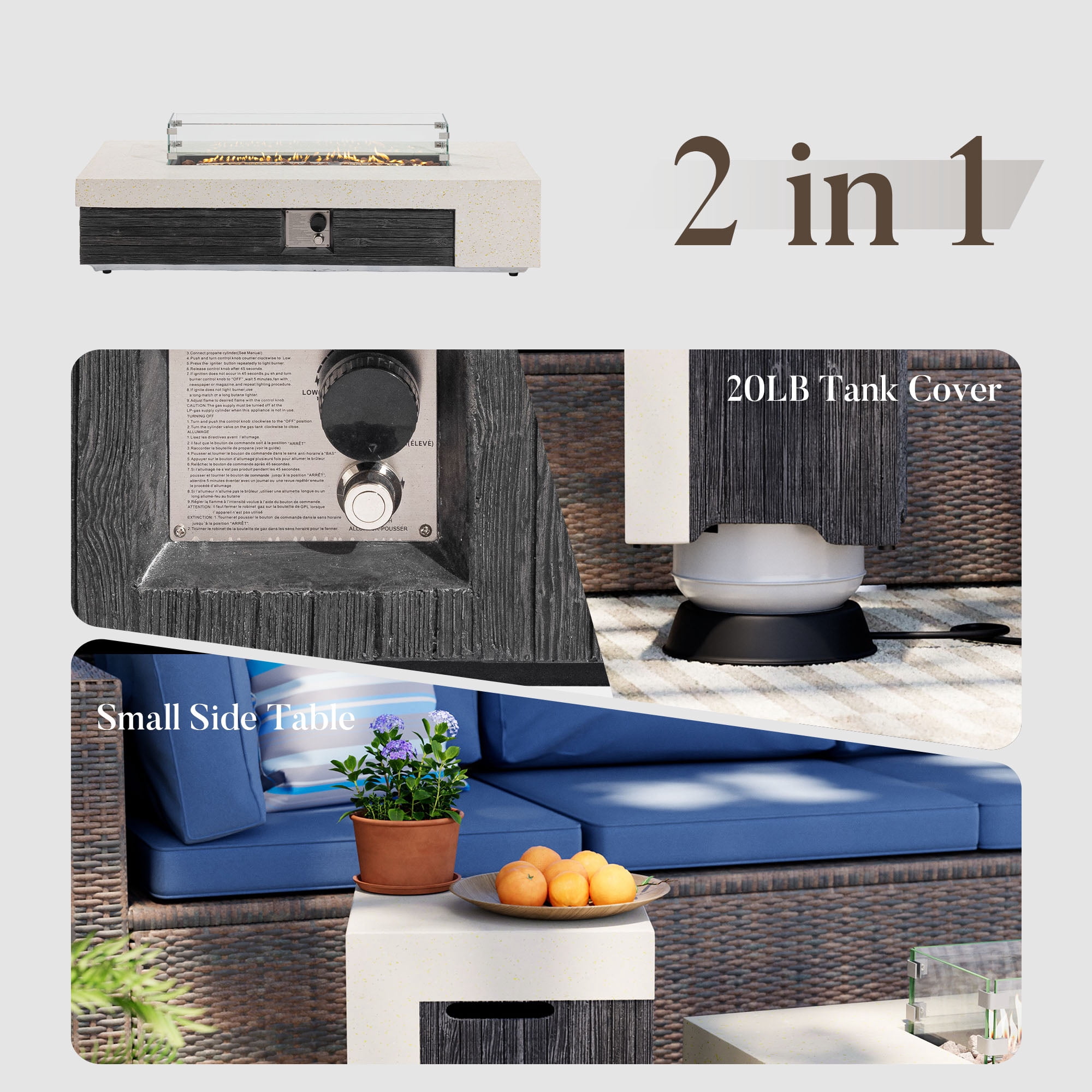 MOALCOFER 56" Rectangle Modern Outdoor Fire Pit Table, 50,000 BTUs with Propane Tank Cover and Wind Guard