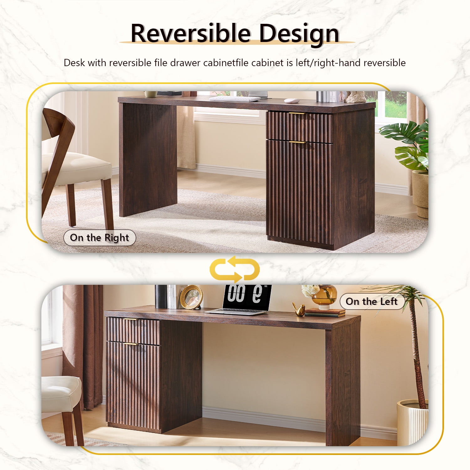 IFMust 60" Home Office Desk with Storage Drawer & Cabinet, Modern Executive Desk with Charging Station, Fluted Computer Desk for Study, Living Room, Dark Walnut