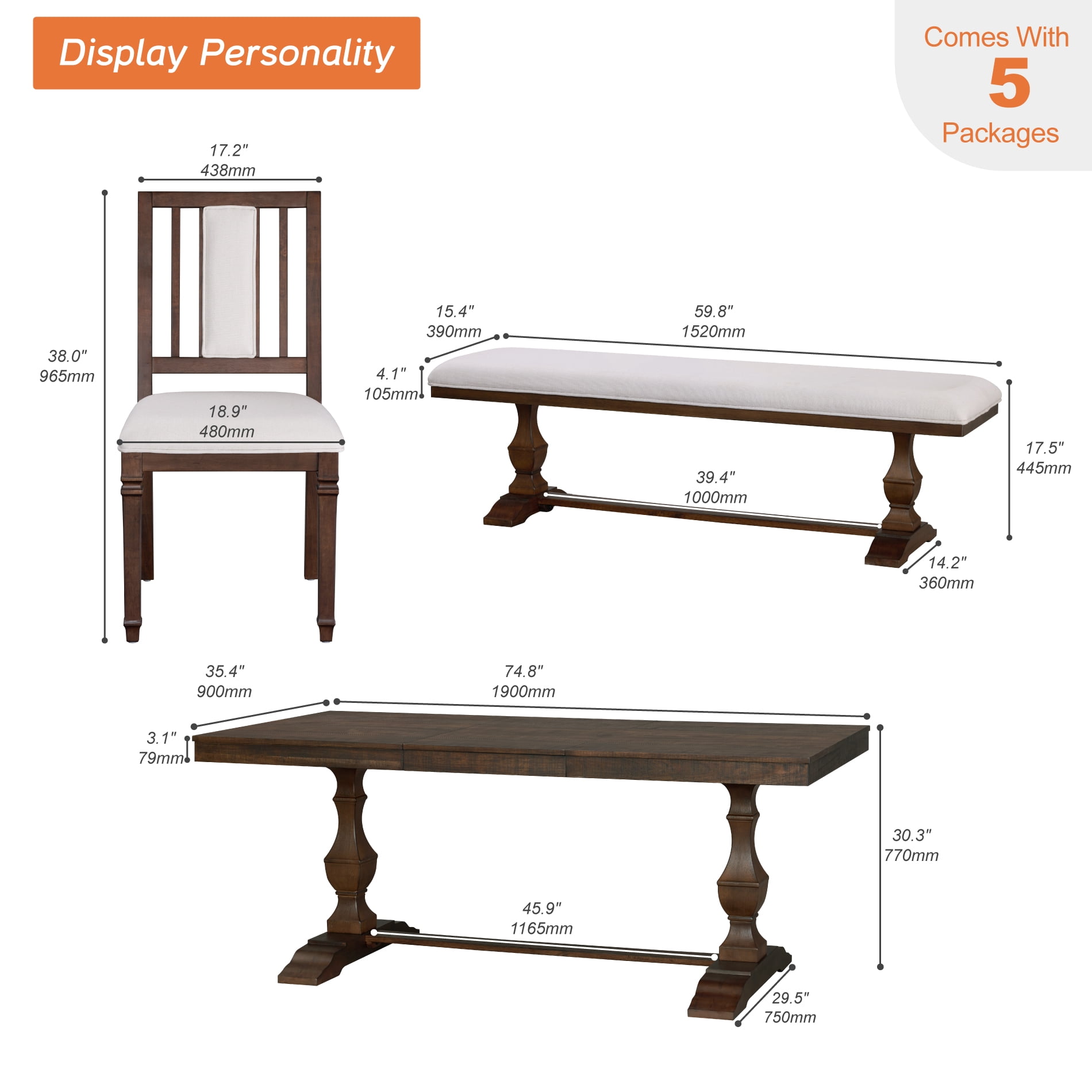 WAMPAT 5-pieces Farmhouse Dinning Table for 6-8,74.8" Kitchen Table Set with 2 Benches and 2 Chairs,Solid Wood Legs and Cushion Seat for Kitchen & Living Room,Brown
