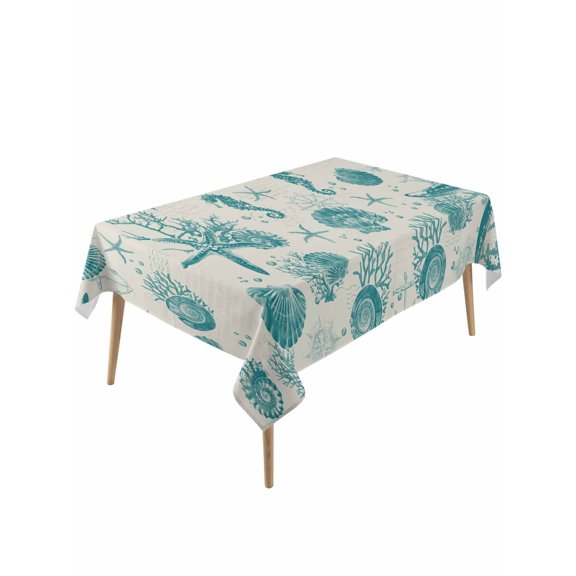 Turquoise Starfish Table Cloth, Ocean Nautical Seahorse Coral Shell Waterproof Tablecloth for Rectangle Tables, Reusable Washable Fabric Table Cover for Restaurant Kitchen Dining Tables 60"x120"