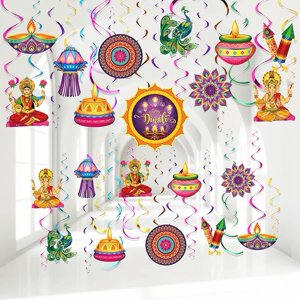 51 Pcs Happy Diwali Party Decorations Hanging Swirl Deepavali Window Door Hanging Ornament for Indian Diwali Deepavali Light Festival Party Supplies