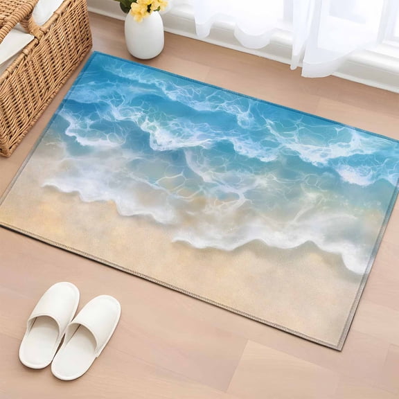 2x3 Ft Entryway Area Rug, Blue Ocean Kitchen Rug Runner Washable Floor Mat, Nature Summer Beach Brown Sand Water Ripple Non Slip Indoor Door Mat Throw Carpet for Bathroom Living Room Bedroom