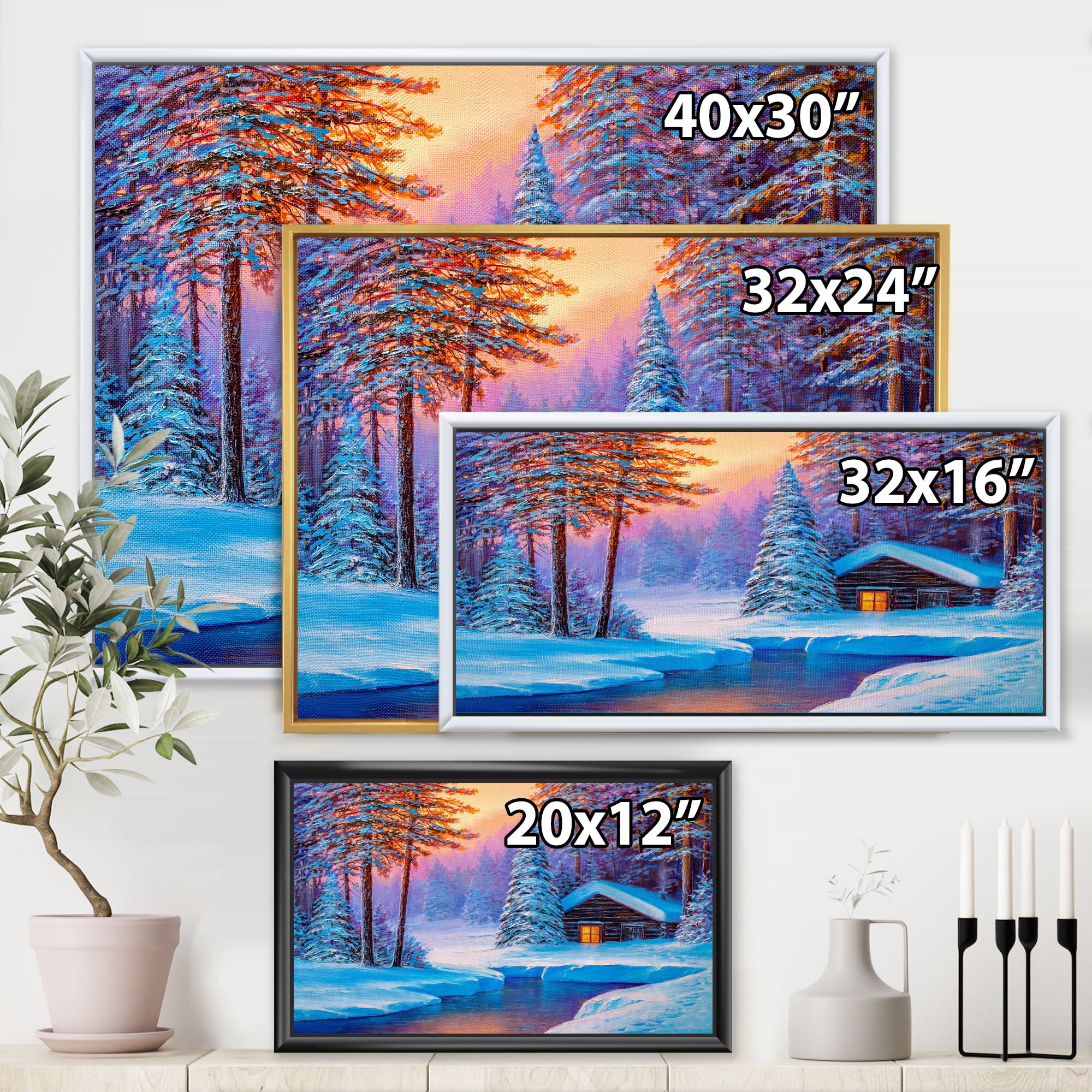 Designart 'Old Cabin In Winter Forest In Evening Glow I' Traditional Framed Canvas Wall Art Print