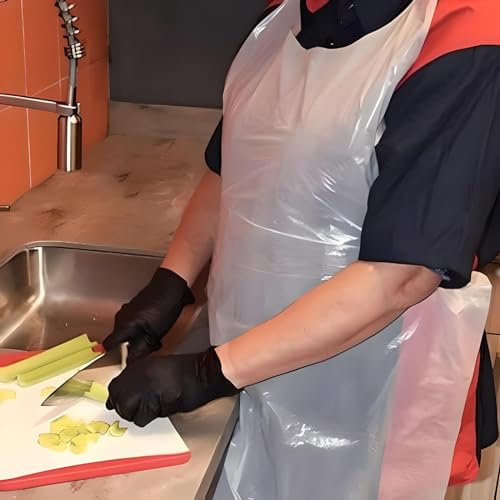 Disposable Plastic Aprons, 27.5 X 46 inches, Waterproof Bibs for Adults Cooking, Arts and Crafts, Housework, Painting & Salon (White - 100 Pack)