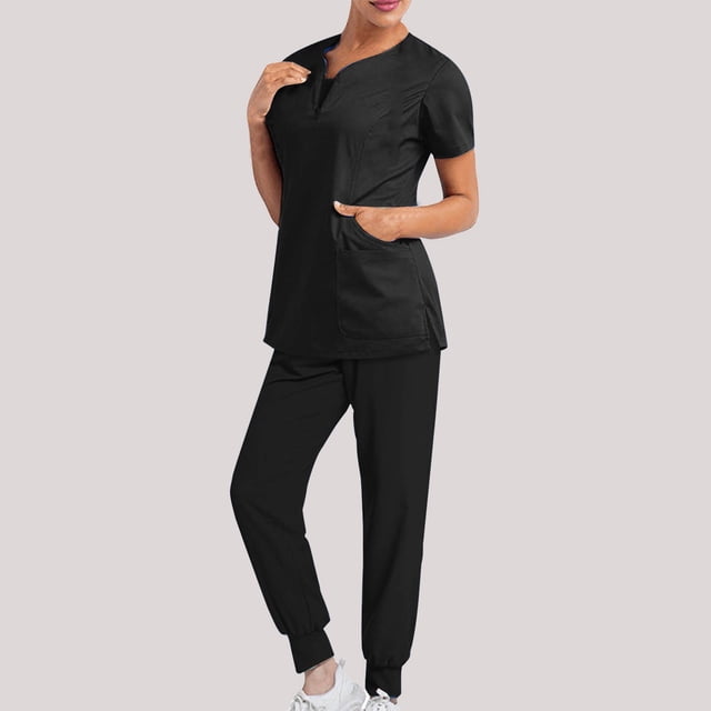 DPTALR Women Solid Color Loose Pants Multiple Pocket Caregiver Nursing Uniform Short Sleeve Zipper V-Neck Set