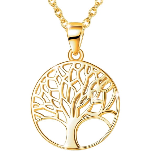 FANCIME Women's Tree of Life Round Pendant Necklace, Yellow Gold Plated 925 Sterling Silver, 16 2 Inch, Fine Jewelry Gifts for Her