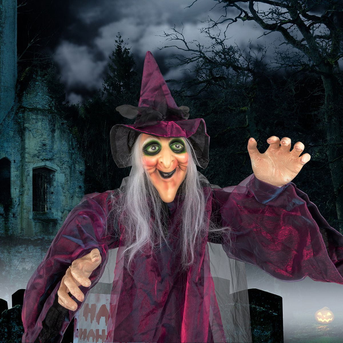 71IN Life Size Hanging Witch Talking Halloween Decoration with Touch-Activated Sound and Light