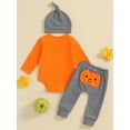 thumbnail image 5 of Baby Toddler Boys Halloween 3PCS Clothing Sets 0 3 6 9 12 Months Long Sleeve Letter Pumpkin Print Romper Striped Pants Hat Outfits, 5 of 9