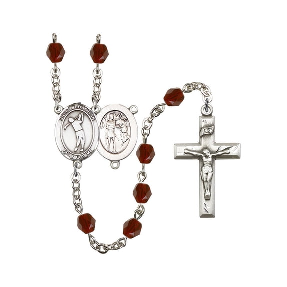 St. Sebastian/Golf Silver-Plated Rosary 6mm January Red Fire Polished Beads Crucifix Size 1 3/8 x 3/4 medal charm