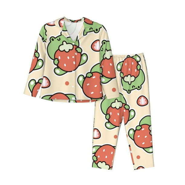 Balery Frog Hold Strawberry Conjunto de Pijama con Estampado para Mujer, Conjunto de Dos Piezas con Manga Larga, Ropa de Dormir Suave con Bolsillos, Pijamas Cómodos-Medium