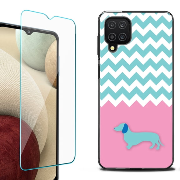 Slim-Fit Flexible TPU Gel Phone Case (black) for Samsung Galaxy A12, with Tempered Glass Screen Protector, by OneToughShield ® - Chevron/Dachshund/Puppy