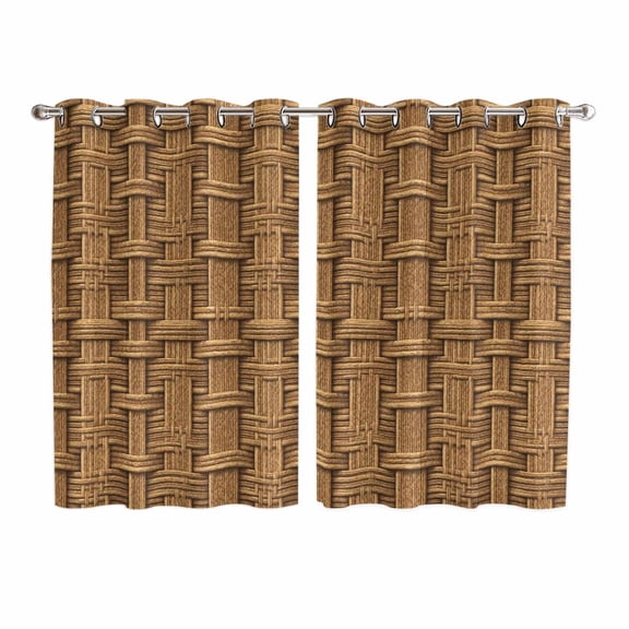 Vintage Rattan Kitchen Curtains Window Panels, Minimalist Abstract Wicker Texture Brown Insulated Window Treatment Curtain, Grommet Curtains for Bedroom/Living Room/Bathroom, 2 Piece 52"Wx72"L