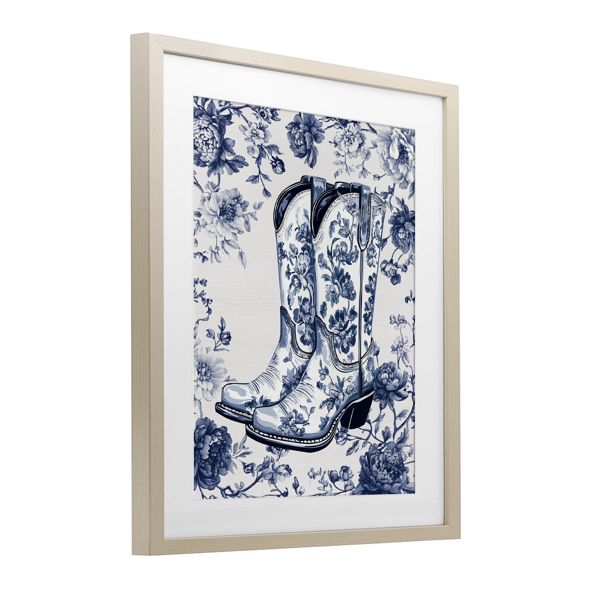 Blue Spring Florals & Boots Birch Framed Print Under Glass, design by Lettered and Lined