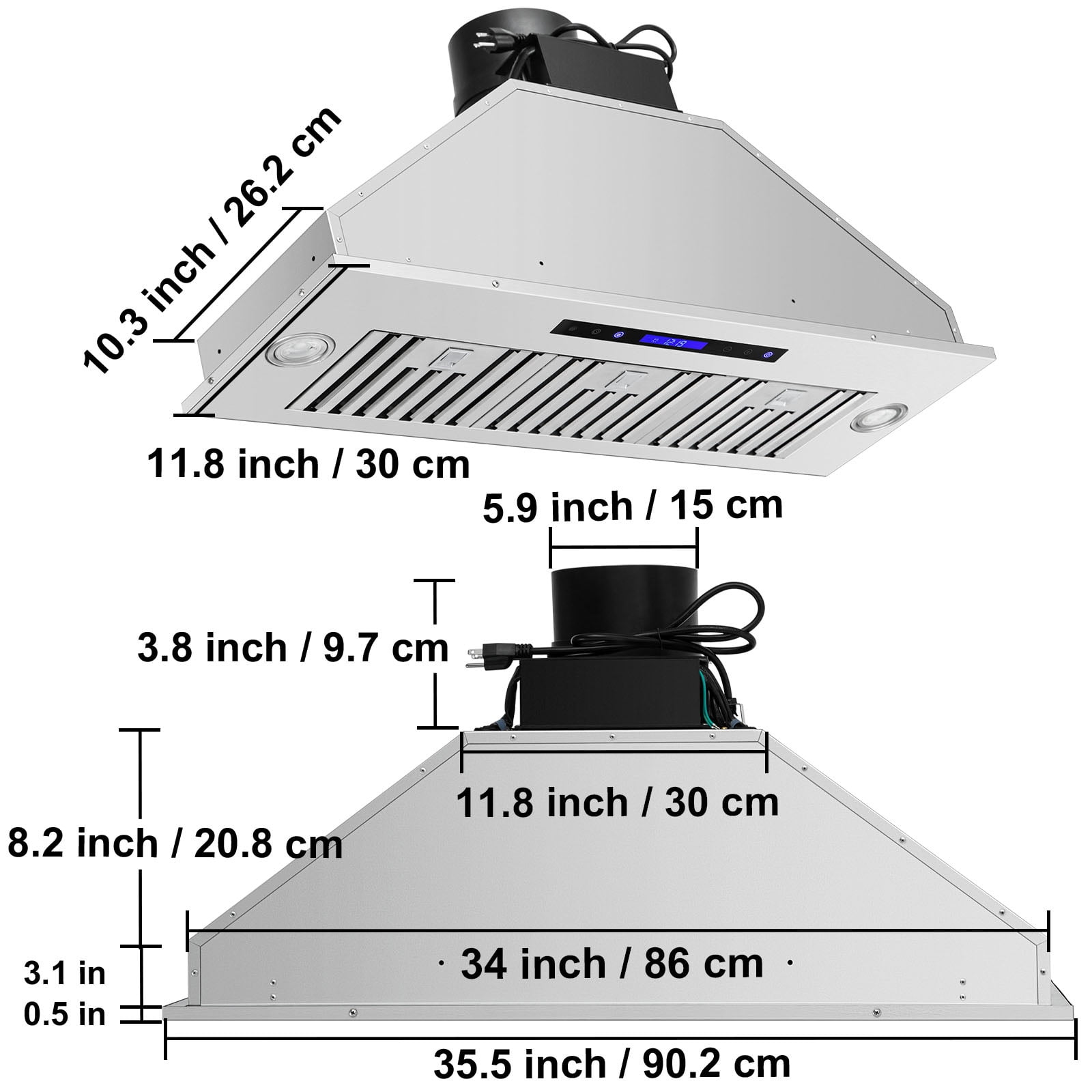 KFFKFF Integrated Kitchen Extractor, 900CFM Quad-Speed, 36 Inch Constructed from Stainless Steel, Equipped with Touch & Remote Control LED Illumination and Baffle Filters,ETL Certified