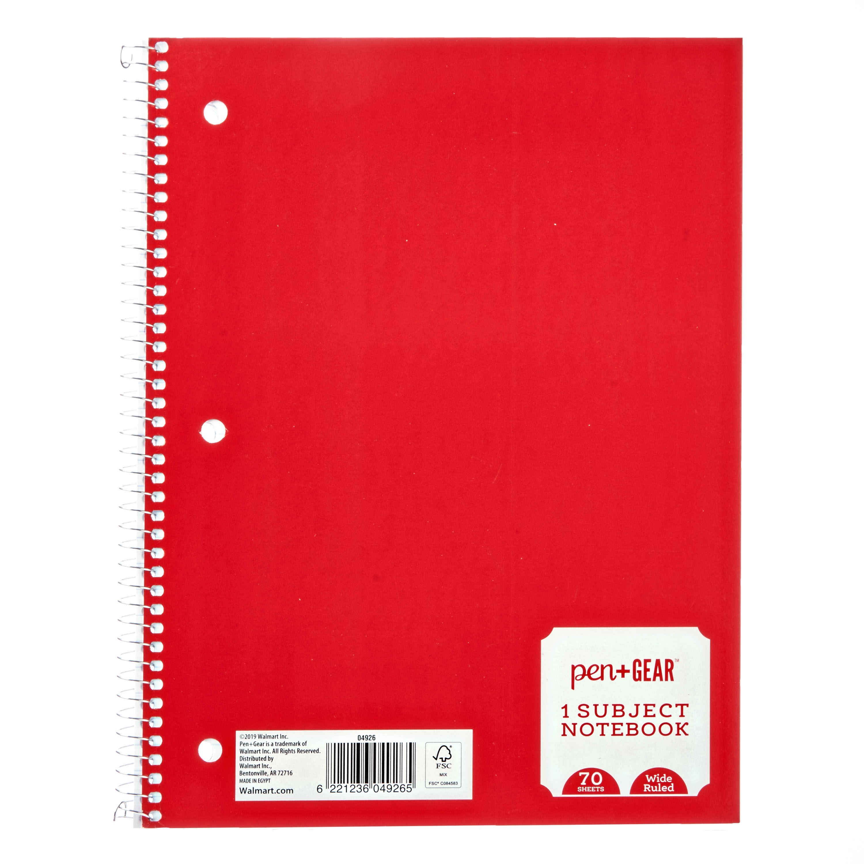 Pen+Gear 1Subject Notebook, Wide Ruled, Red, 70 Sheets
