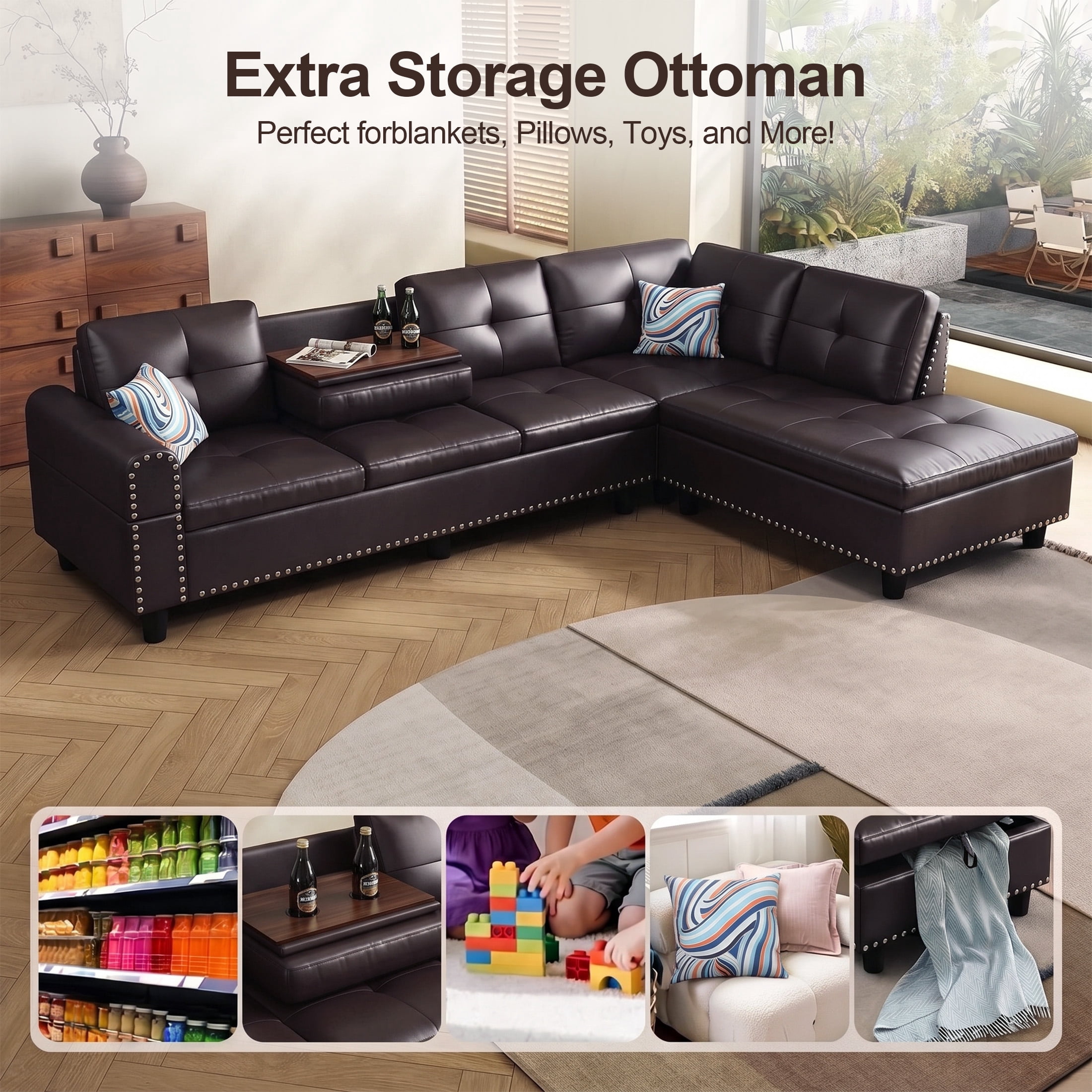 AENKYO 98" L-Shaped Sectional Sofa with Reversible Chaise and Cup Holders, Faux Leather, Brown