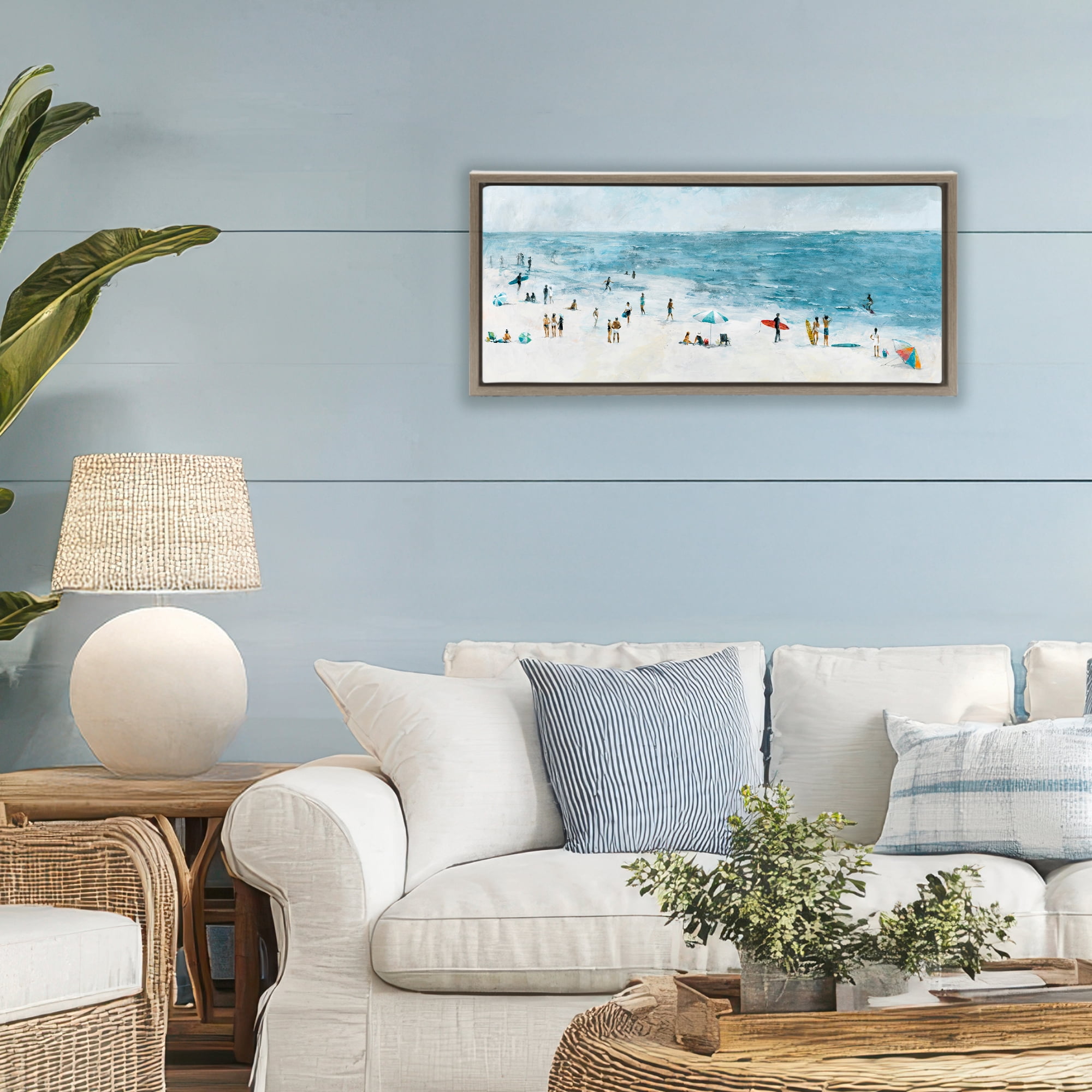 Stupell Industries Busy Beach Coastal Scene Brown Framed Floater Canvas Wall Art, design by Lorenzo Collective