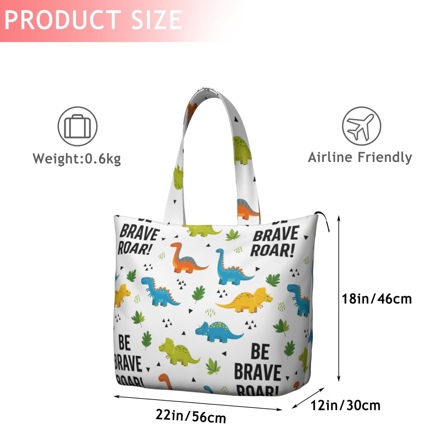 White Cartoon Dinosaurs Motivational Pattern Travel Tote Bags for Women Carry On,Large Weekender Bags for Women Travel,Multi Functional Duffle Bag for Work,Shopping,Sports