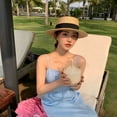 thumbnail image 3 of MEICHEN Fedora Hat for Women, Square Buckle Dome Panama Flat Top Straw Hat Summer Travel Sunshade Sun Hat Beach Wide Brim Hat, Fall Winter Fashion Accessories, 3 of 7