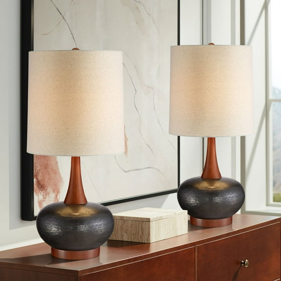 360 Lighting Andi Modern Mid Century Table Lamps 24 1/2" High Set of 2 Hammered Brown Ceramic Red Oak Off White Shade for Bedroom Living Room Desk