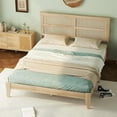 Queen Size Platform Bed with PE Rattan Headboard, Solid Rubber Wooden