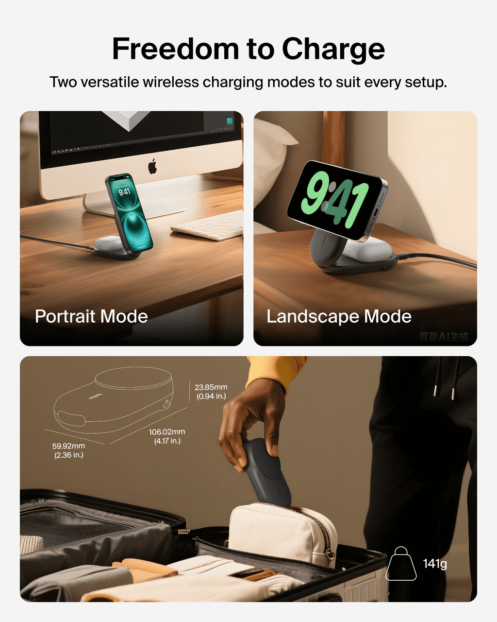 Belkin MagSafe Charger Compatible, 2-in-1 Qi2 Wireless Charging Station 25W, Convertible Wireless Charger for iPhone 16, AirPods, Portable Phone Stand for Travel w/ USB-C Port, 45W Adapter - Black
