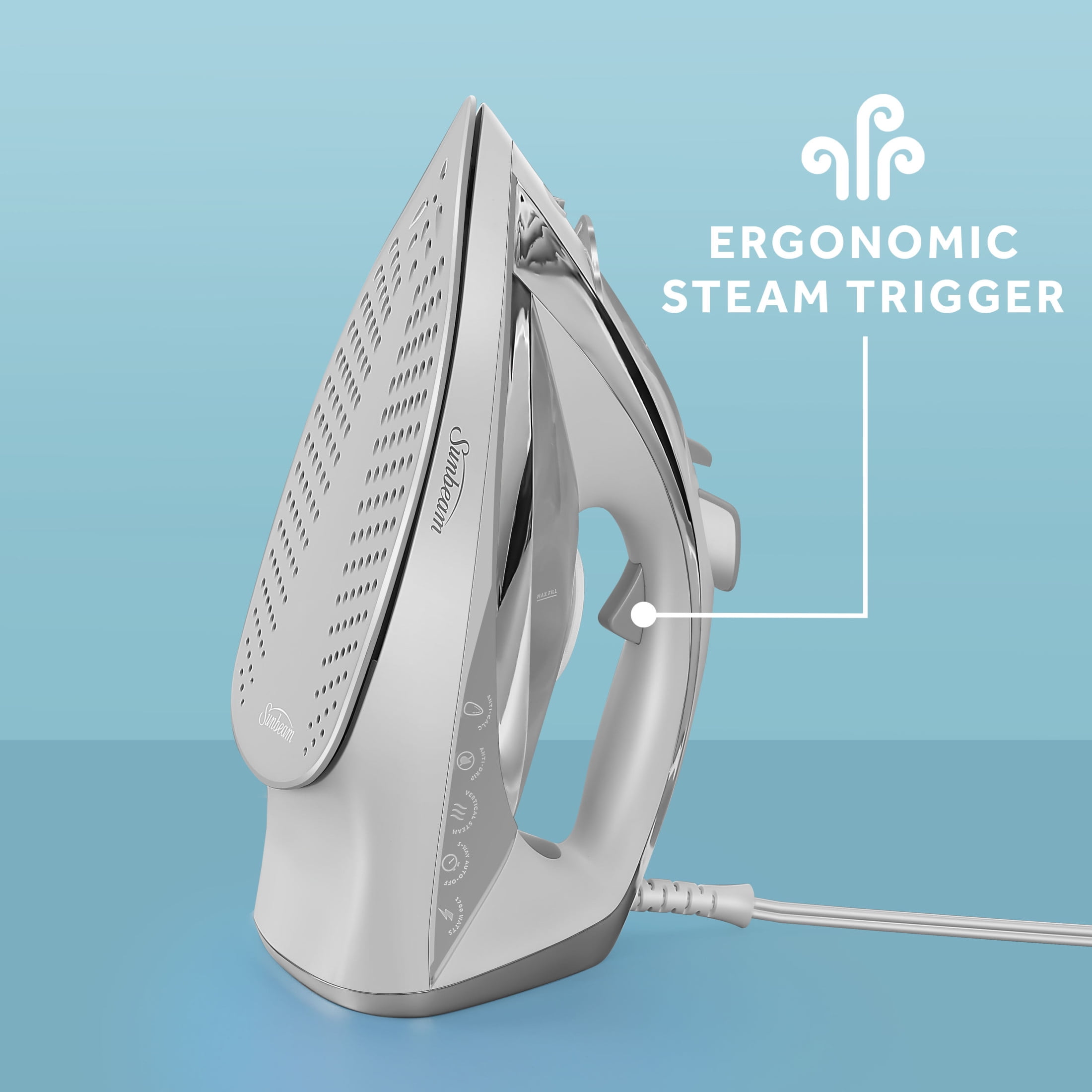 Sunbeam Turbo Steam Iron, 1700W - Nonstick Ceramic Soleplate, Vertical & Horizontal Steam, 3-Way Auto-Off - White & Chrome