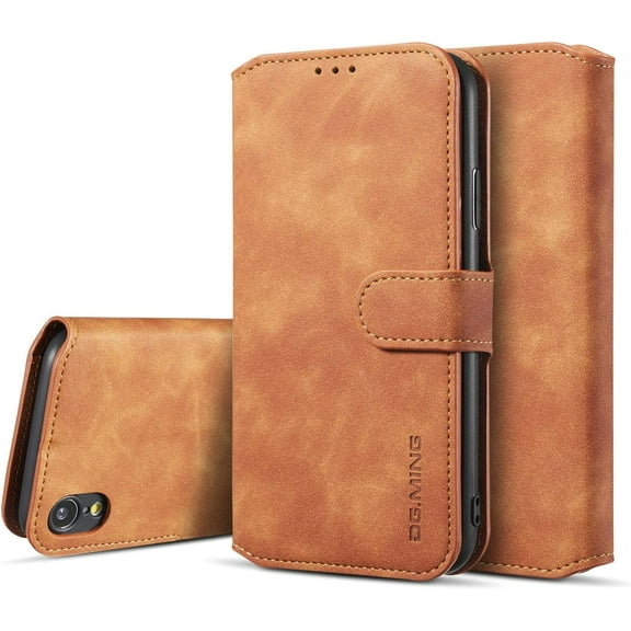 PU Leather Case for iPhone XR, Vintage Retro Premium Wallet Flip Cover TPU Inner Shell [Card Slots] [Magnetic Closure] Stand Function Folio Shockproof Full Protection for iPhone XR - Brown