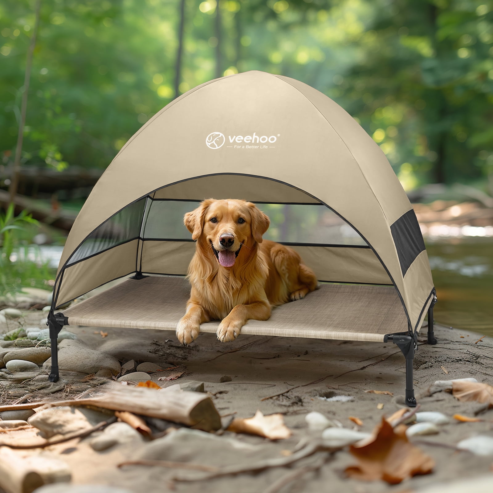 Veehoo Outdoor Dog Bed with Removable Canopy, Cooling Elevated Dog Cot Bed, Large, Beige Coffee