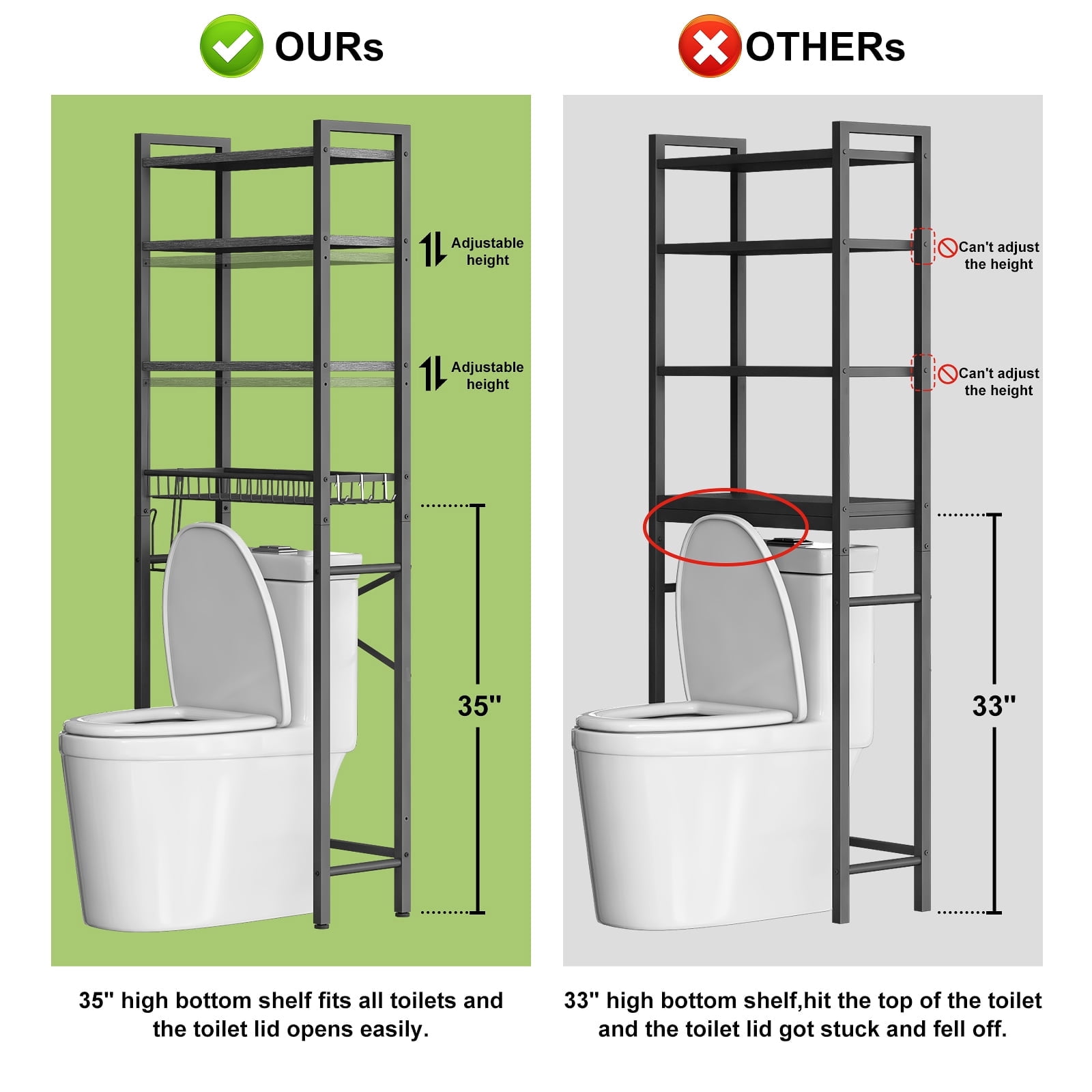 Biemlerfn Over The Toilet Storage Shelf, 4-Tier Wooden Bathroom Organizer Adjustable Saver Space Rack with Toilet Paper Holder, Classic Black