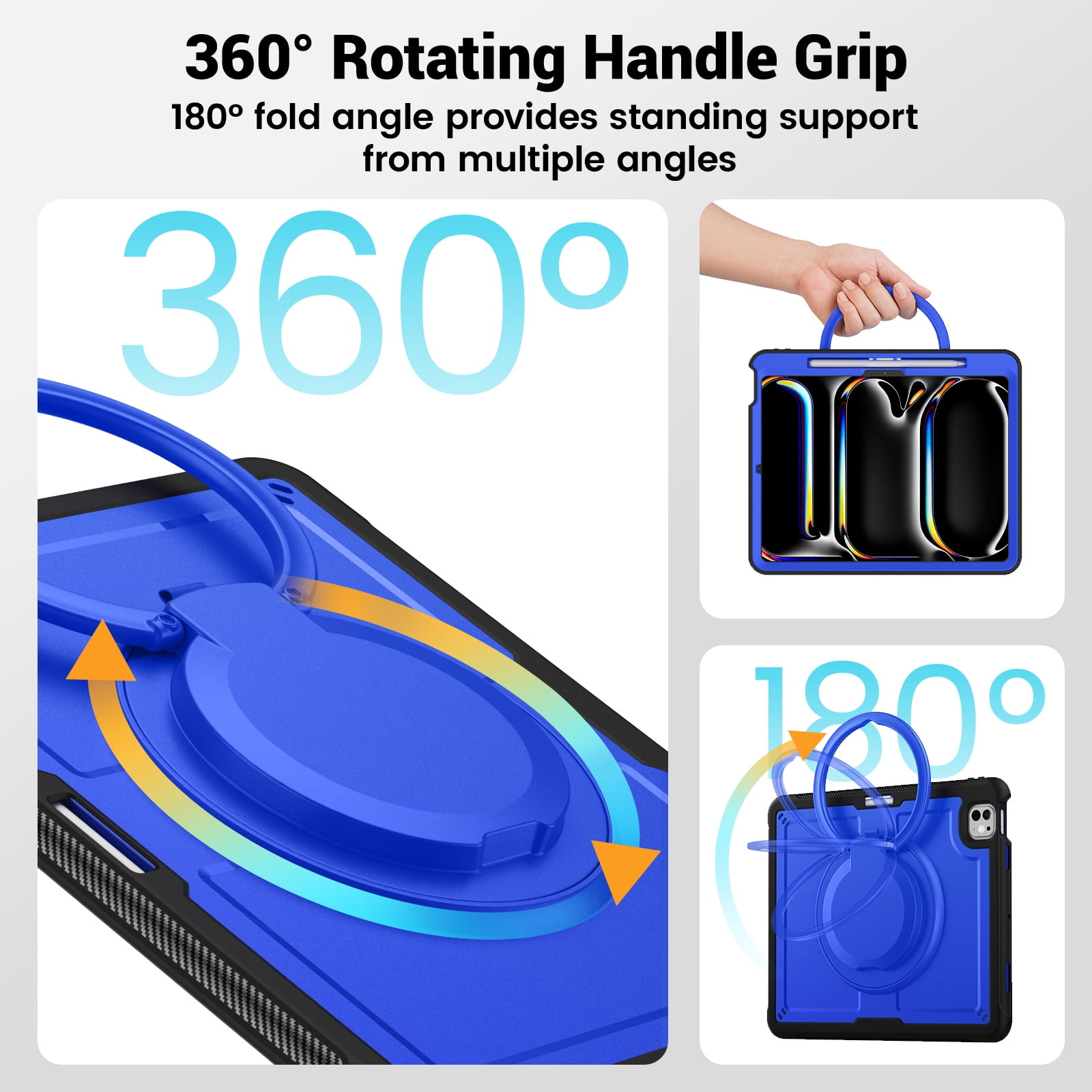 Shockproof Case for Apple iPad Pro 11 Inch 2024, Rugged Hybrid Protective Cover with Pencil Holder & Shoulder Strap Kids Friendly Rotating Kickstand Case for iPad Pro 11" 2024 M4,Darkblue