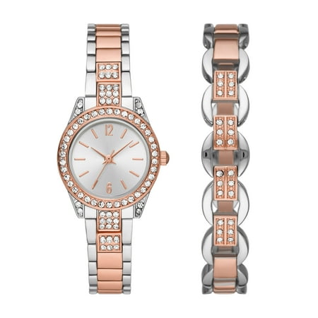 Women's Two Tone Crystal Watch & Bracelet Set
